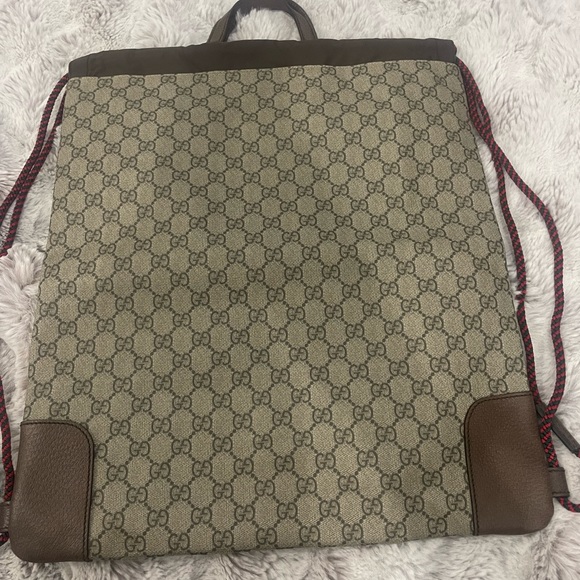 Gucci Ann Gris-Cat Drawstring 2WAY Backpack GG Supreme Beige x Brown Unisex - Picture 8 of 9